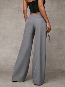 SHEIN BAE 女士灰色纯色百搭通勤休闲日常休闲腰部孔眼装饰抽绳阔腿宽松裤 - 灰色 - 查看 2