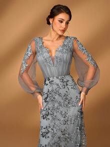 Serin Rochie maxi elegantă, strălucitoare, cu decolteu în V, cu mâneci lanternă, potrivită pentru mama miresei/mirelor la petrecerea de seară, nuntă, banchet formal