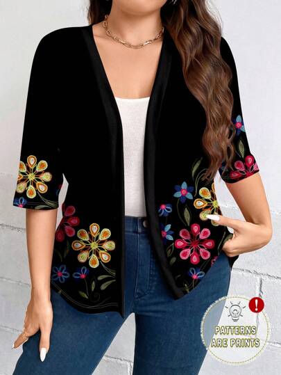 SHEIN LUNE Cárdigan ajustado de manga larga con estampado floral minimalista casual, efecto bordado falso, adecuado para otoño/invierno, ropa de mujer talla grande para Navidad