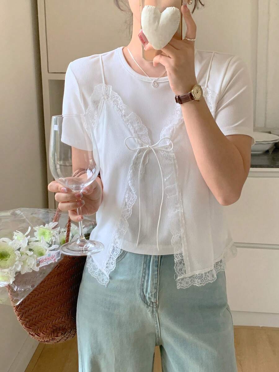 DAZY Women's 2 In 1 Lace Splice Round Neck Short Sleeve T-Shirt - White - View 1