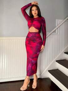 Firerie Vestido elegante y romántico de estilo elegante para mujer, adecuado para fiesta, vacaciones, vuelta al colegio, cita romántica y boda, vestido de fiesta, vestido de manga larga ajustado con pliegues y estampado floral en degradado morado - Multicolor - Ver 6