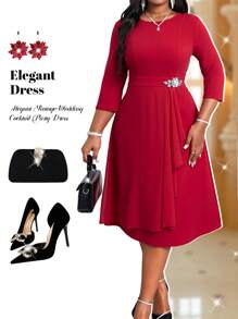 Fleurora 秋冬季圣诞派对礼服优雅复古工作婚礼酒会喇叭袖斗篷新品A字裙大码礼服伴娘服 - 紅色 - 查看 2