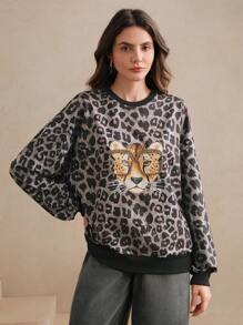 Anewsta Fashionable City Leopard Print Rhinestone Crew Neck Sweatshirt Pullover Fall Sweatshirt - Grey - View 5