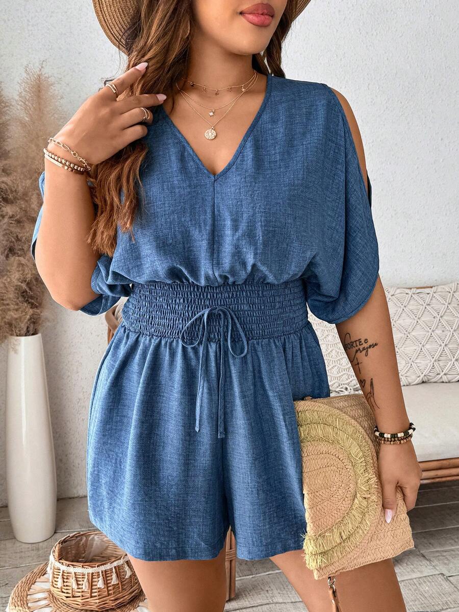 Breezaya Plus Size Women V-Neck Off Shoulder Ruffle Romper - Navy Blue - View 1