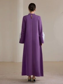 Graceveil Váy chữ A dài tay phong cách Ả Rập dành cho nữ có cổ đứng và điểm nhấn hoa 3D khiêm tốn - Màu tím - Xem 2