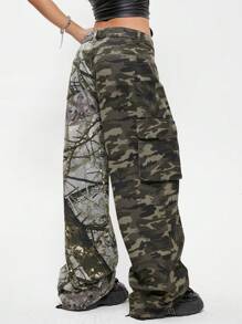 SHEIN EZwear 女士春夏基本款迷彩中腰牛仔裤，适合狂欢节服装 - 軍綠色 - 查看 2