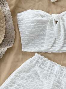 Soleia Conjunto de top bandeau con nudo y shorts para mujer, atuendo casual de playa, ropa de verano - Blanco - Ver 5
