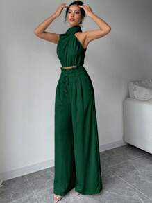 Firerie 2pcs/Set Women Turtleneck Sleeveless Top And Wide Leg Pants - Dark Green - View 6