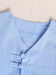 2pcs Set YoungBoys Solid Color Linen Button-Up Woven Long Pants, Comfortable For Casual Wear, Outdoor Play, Travel, School, Spring/Summer Chinese Outfit