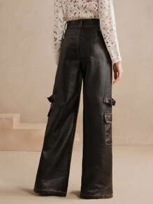 Anewsta Quần da PU Cargo cổ điển thời trang dành cho nữ Maillard - màu đen - Xem 2