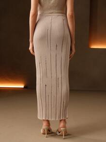 Anewsta Váy dệt kim thiết kế sọc trong suốt thanh lịch, trang phục mùa xuân cho phụ nữ lễ hội và đi chơi - Màu be - Xem 7