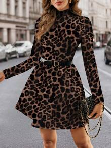 SHEIN Clasi Leopard Print Waist-Cinching A-Line Dress For Women - Rust Brown - View 1