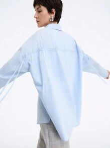 SHEIN Clasi 女士简约纯色优雅休闲商务舒适宽松插肩长袖衬衫，春秋 - 淺藍色 - 查看 4