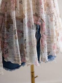 Soleia Women's Romantic Rose & Butterfly Print Lace Tied Flared Sleeve Blouse, Vacation/Valentine's Day