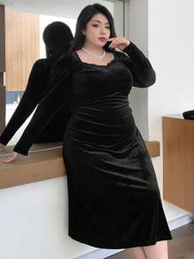 Dazy Plus Contrast Lace Fitted Long Sleeve Mid-Length Dress, Spring/Summer/Autumn - Black - View 5