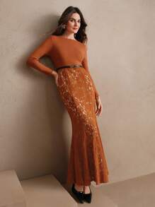 Anewsta Elegant High Waist Floral Lace Patchwork Fishtail Sweater Dress