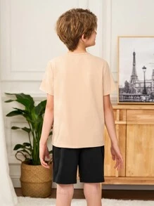 SHEIN Tween Jungen Lässig Minimalist Set aus Halbreißverschluss Rundhalspullover Kurzarm und Shorts, locker und bequeme Pyjama Outfit, 2 Teile