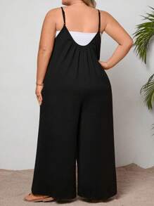 SHEIN CURVE+ Plus Size Solid Color Loose Jumpsuit With Pockets, Without Top - Black - View 2
