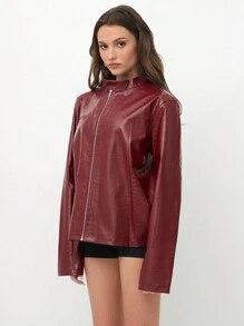 Flirla Chaqueta casual holgada de mujer con diseño de cremallera en piel roja retro
