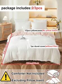 Juego de ropa de cama de 2/3 piezas con funda nórdica de color rosa y blanco con borlas de pompones, juego de ropa de cama de unicolor moderno y lindo para todas las estaciones, juego de ropa de cama para dormitorios universitarios, suave y transpirable (1 funda nórdica + 1/2 fundas de almohada, sin relleno)