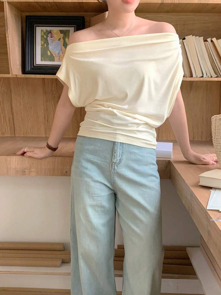 Women's Pleated Off-Shoulder Solid Color Casual Short Sleeve T-Shirt,Off Shoulder Top