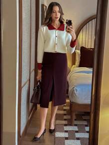 Pariaura French Casual Heart Button Contrast Color Regular Knit Cardigan For Women, Autumn/Winter