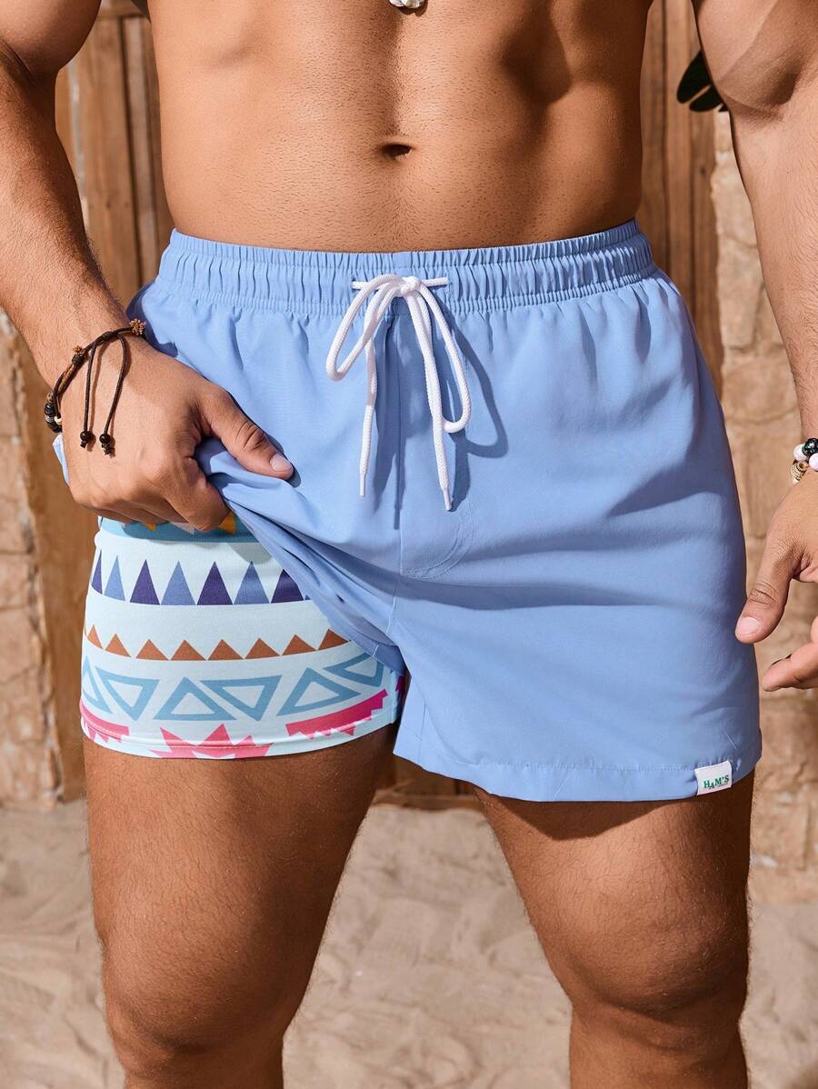 Manfinity Swimmode Men's Beach Shorts Drawstring Waist Front Tie Pocket Geometric Print Liner Resort Casual Hawaiian, Light Blue Swim Trunks, Baby Blue Men Shorts, Baby Blue Swim Trunks, Manfinity Vdayz Swim Trunks, Plain Swim Trunks - Blue - View 1