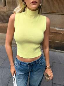 Forever 21 女士纯色立领无袖短款修身针织上衣，黄色 - 黃色 - 查看 4