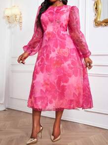 Fleurora Váy chữ A cổ tròn tay giám mục thanh lịch mùa thu đông cổ điển sang trọng cho tiệc cưới cocktail - Nhiều màu - Xem 4