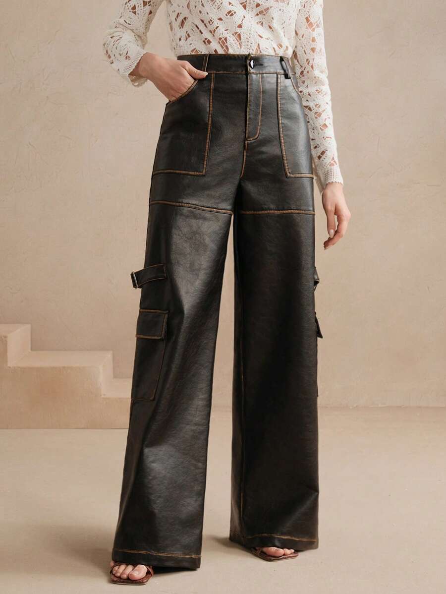 Anewsta Quần da PU Cargo cổ điển thời trang dành cho nữ Maillard - màu đen - Xem 1
