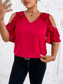 SHEIN Clasi Plus Size Women Solid V Neck Off Shoulder Tulip Ruffle Sleeve Elegant Romantic Valentine's Day Party Blouse