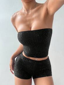 SHEIN Unity Bộ 2 áo liền quần sequin cho nữ, thời trang tối giản và mặc hàng ngày - màu đen - Xem 4