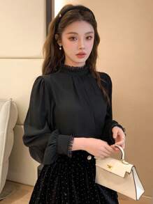 DAZY Women Pearl Decor Turtleneck Casual Blouse