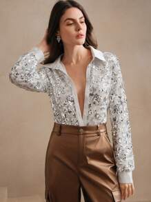 Anewsta Blusa superior de malla hueca brillante con lentejuelas sexy de color granate, para uso en fiestas