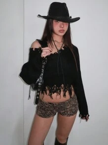 DAZY 女士豹纹系带腰部超短热裤，卡其色，四季皆宜低腰 - 卡其色 - 查看 4