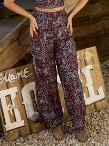 LanaWest Printed High Waist Wide Leg Beach Pants Fall Cloth For Women - Burgundy - View 6