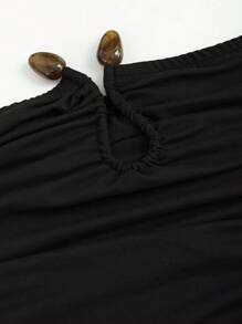 Sweetra Solid Color Pleated Circular Decor Strapless Sleeveless Dress Maxi Women Outfit - Black - View 6