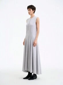 SHEIN LUNE Women's Light Grey Summer Effortless Chic Everyday Elegant Knit Collared Half Zip Sleeveless Dress With Pockets,Waist Cinching And Ruffle Hem - Light Grey - View 6