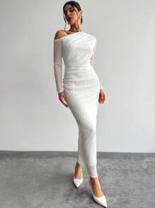 Firerie 优雅简约浪漫迷人时尚 Ins 风格女式白色长袖修身连衣裙，采用纹理面料，斜肩，适合情人节、约会、日常、派对 - 白色 - 查看 5