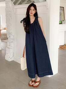 DAZY 女式蝴蝶结吊带牛仔连衣裙 - 深色水洗藍 - 查看 3