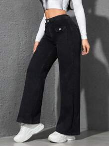 SHEIN EZwear 女式口袋直筒宽松休闲百搭牛仔裤 - 黑色 - 查看 5