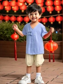 2pcs Set YoungBoys Solid Color Linen Button-Up Woven Long Pants, Comfortable For Casual Wear, Outdoor Play, Travel, School, Spring/Summer Chinese Outfit