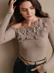 Anewsta Women's Fitted Floral Embroidered & Studded Shoulder Cut-Out Slim Fit Ribbed Knit T-Shirt Top, Autumn/Winter - Coffee Brown - View 1