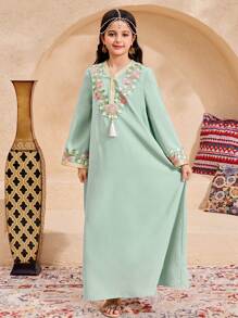 SHEIN Tween Girls Casual V-Neck Super Long Metallic Trim Fringed Loose Dress