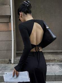 DAZY Vacation Backless Slim Fit Sexy Women's Long Sleeve T-Shirt, Spring,Y2k,Fall Women Clothes