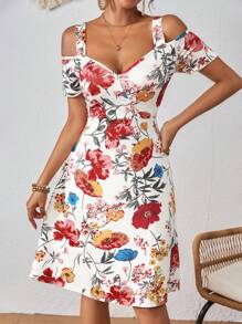 SHEIN VCAY Vestido de fiesta sin mangas de corte evasé con escote en V y calado para mujer