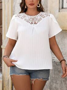 Celure Plus Size Women's Solid Color Lace Hollow Floral Short Sleeve Blouse