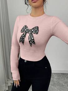 Chiquease Suéter de punto con manga larga, estampado de leopardo y lazo para mujer, suéter de punto para otoño e invierno