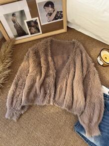CosyJoli Suéter de mujer talla grande con hombros descubiertos, de felpa y corto, para otoño/invierno - Camel - Ver 4
