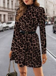 SHEIN Clasi Leopard Print Waist-Cinching A-Line Dress For Women - Rust Brown - View 3
